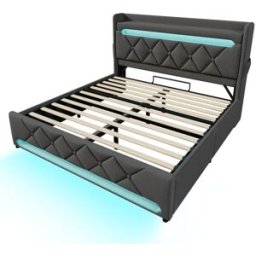 MODFU Cama tapizada 160x200 con led, almacenaje, usb y tipo c