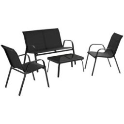 Tectake Conjunto de jardín, 4 personas, 2 sillas con banco y mesa, negro