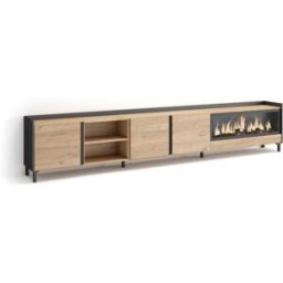 Skraut home Mueble tv efecto madera roble negro 315x35x61cm chimenea efecto fuego