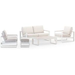 Defora Home Set jardin 4 plazas con reposapies aluminio blanco efecto madera