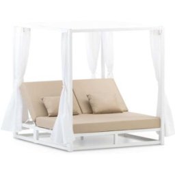 Defora Home Cama balinesa aluminio color blanco y cojines beige