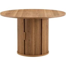 MODFU Mesa de comedor redonda con 2 estantes estilo rústico 120 cm, nogal