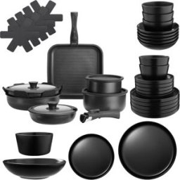Tectake Set básico de cocina para 6 personas, 41 piezas, gris/negro
