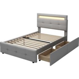 MODFU Cama infantil de lino gris 90x200 cm con 2 cajones y led