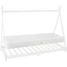 ML-Design Cama infantil tipi 90x200x16cm blanco con colchón y tejado de tienda