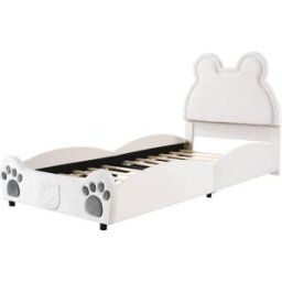 MODFU Cama infantil terciopelo blanco 90x200 cm con cabecero en forma de oso