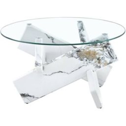 OKWISH Mesa de centro blanca de mdf y vidrio redonda 79x79x45 cm