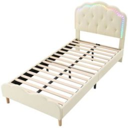 MODFU Cama tapizada infantil con led cabecero ondulado pu 90x200 beige