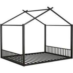 OKWISH Cama infantil negra de metal con estructura de casa 140x200 cm