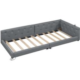MODFU Cama infantil de lino gris 90x200 cm con led e interfaz usb + tipo-c