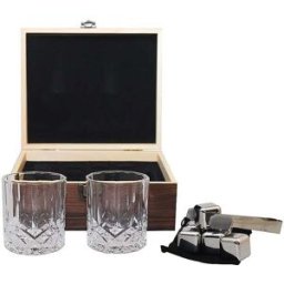 Aulica Cofre de whisky en madera con 2 vasos. Bolsa de hielo y pinza