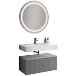 AQA DESIGN Mueble de baño 3 piezas en mdf blanco brillo/gris mate