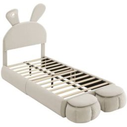 MODFU Cama infantil terciopelo blanco 90x200 cm con 2 taburetes contenedor