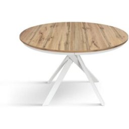 Konte.Design Mesa redonda roble rústico, patas metal blanco 120-170cm