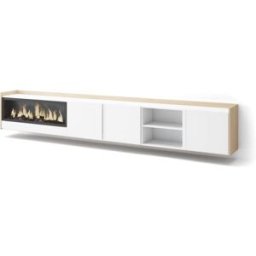 Skraut home Mueble tv efecto madera blanco roble 315x35x50cm chimenea efecto fuego