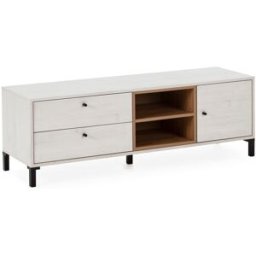 HOMN Mueble tv 2 cajones y 1 puerta, color blanco/madera, 136,5x40x47 cm