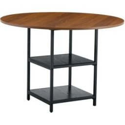 MODFU Mesa de comedor redonda con 2 estantes metal 107 cm, nogal/negro