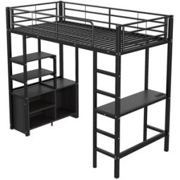 ComfortXL Cama alta 90x200 con escritorio, USB y almacenaje en acero negro