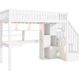 ComfortXL Cama alta infantil 90x200 cm con LED y escritorio blanco
