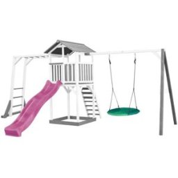 Axi Parque infantil con tobogán lila, columpio nido, madera, blanco/gris