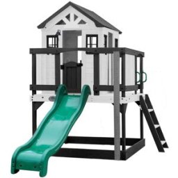 Backyard Discovery Casita infantil con tobogán, arenero y porche gris/blanco