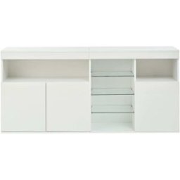 Urban Meuble Aparador blanco brillante con iluminación LED integrada y estantes.