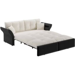 Urban Meuble Sofá cama de 3 plazas de terciopelo beige/blanco con cojines