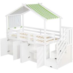 OKWISH Litera blanco y verde de madera con almacenaje 90x200 cm