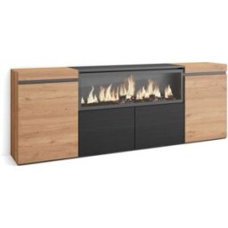 Skraut home Aparador efecto madera roble y negro 208x35x75cm chimenea efecto fuego