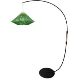 Tosel Lámpara de pie arco metal negro madera natural pantalla hilo verde
