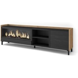 Skraut home Mueble tv efecto madera negro roble 212x35x61cm chimenea efecto fuego