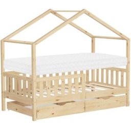 ML-Design Cama infantil casa de madera natural 70x140 cm con colchón y 2 cajones