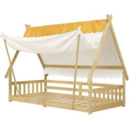 MODFU Cama infantil con tienda desmontable de madera 90x200 cm, natural