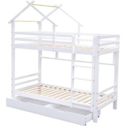 MODFU Litera infantil de madera blanca de 90x200 cm con cajones y estantes