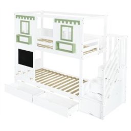 OKWISH Litera infantil blanco y verde de madera con almacenaje 90x200 cm