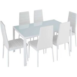 Tectake 7 conjunto de mesa y 6 sillas, cristal de seguridad, blanco/blanco
