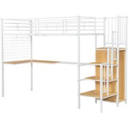 OKWISH Cama alta 90x200 cm blanca y color madera de metal con escritorio