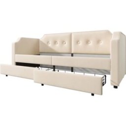 MODFU Cama infantil terciopelo beige 90x200 cm con 2 cajones