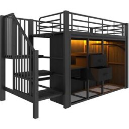 ComfortXL Cama semialta 90x200 2 cajones armario abierto LED acero negro