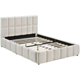 Tectake Cama tapizada, base madera y acero, teddy crema 133x220x93cm