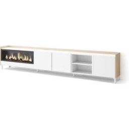 Skraut home Mueble tv efecto madera blanco roble 315x35x61cm chimenea efecto fuego
