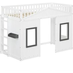 ComfortXL Cama alta infantil 90x200 cm estilo casita con escalera blanca