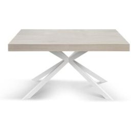 Konte.Design Mesa de madera, acabado olmo perla, base x blanca, extensible 160x90