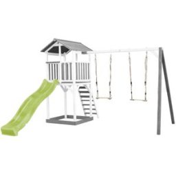 Axi Parque infantil con tobogán verde, columpio doble, madera, blanco/gris