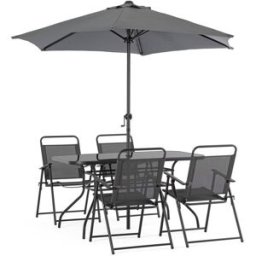 Bizzotto Conjunto de mesa y 4 sillas antracita y textilene con sombrilla