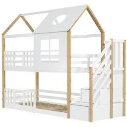 OKWISH Litera infantil blanca y natural de madera con almacenaje 90x200 cm