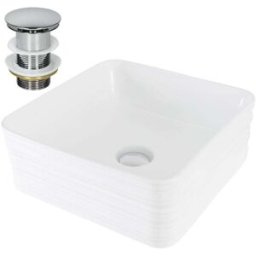 ML-Design Lavabo blanco cuadrado de cerámica con desagüe plateado