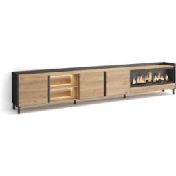 Skraut home Mueble tv efecto madera roble negro 315x35x61cm chimenea efecto fuego