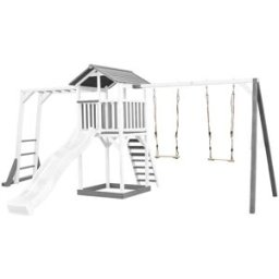 Axi Torre de juegos, tobogán blanco, columpio doble, madera, blanco/gris