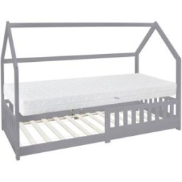 ML-Design Cama infantil tipi 90x200cm gris claro con colchón y tejado de casa